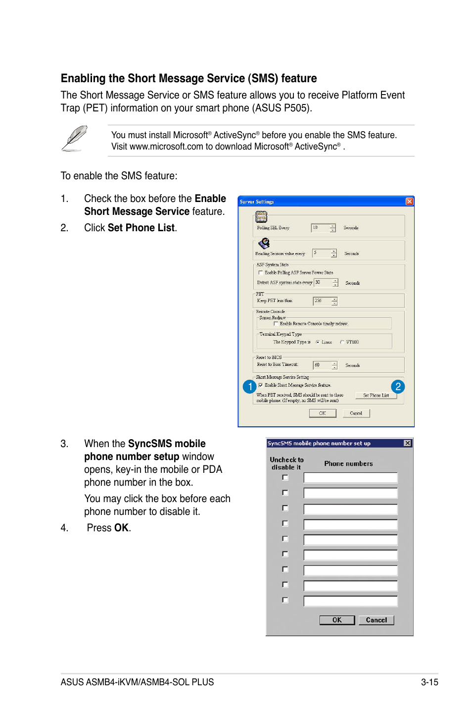 Enabling the short message service (sms) feature | Asus ASMB4-iKVM User Manual | Page 47 / 76