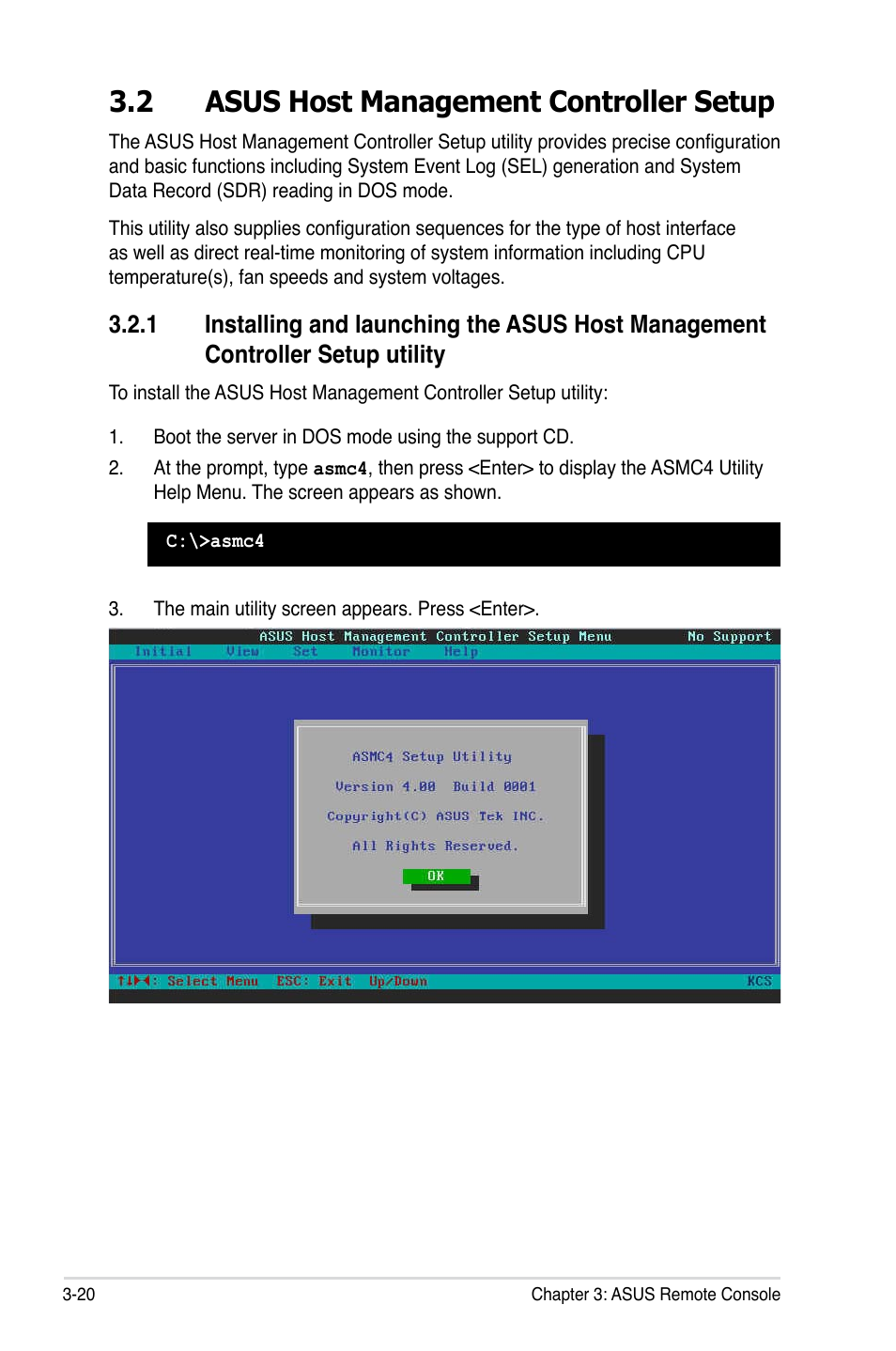 2 asus host management controller setup, Asus host management controller setup -20 3.2.1, Installing and launching the asus host management | Controller setup utility -20 | Asus ASMB4-iKVM User Manual | Page 52 / 76