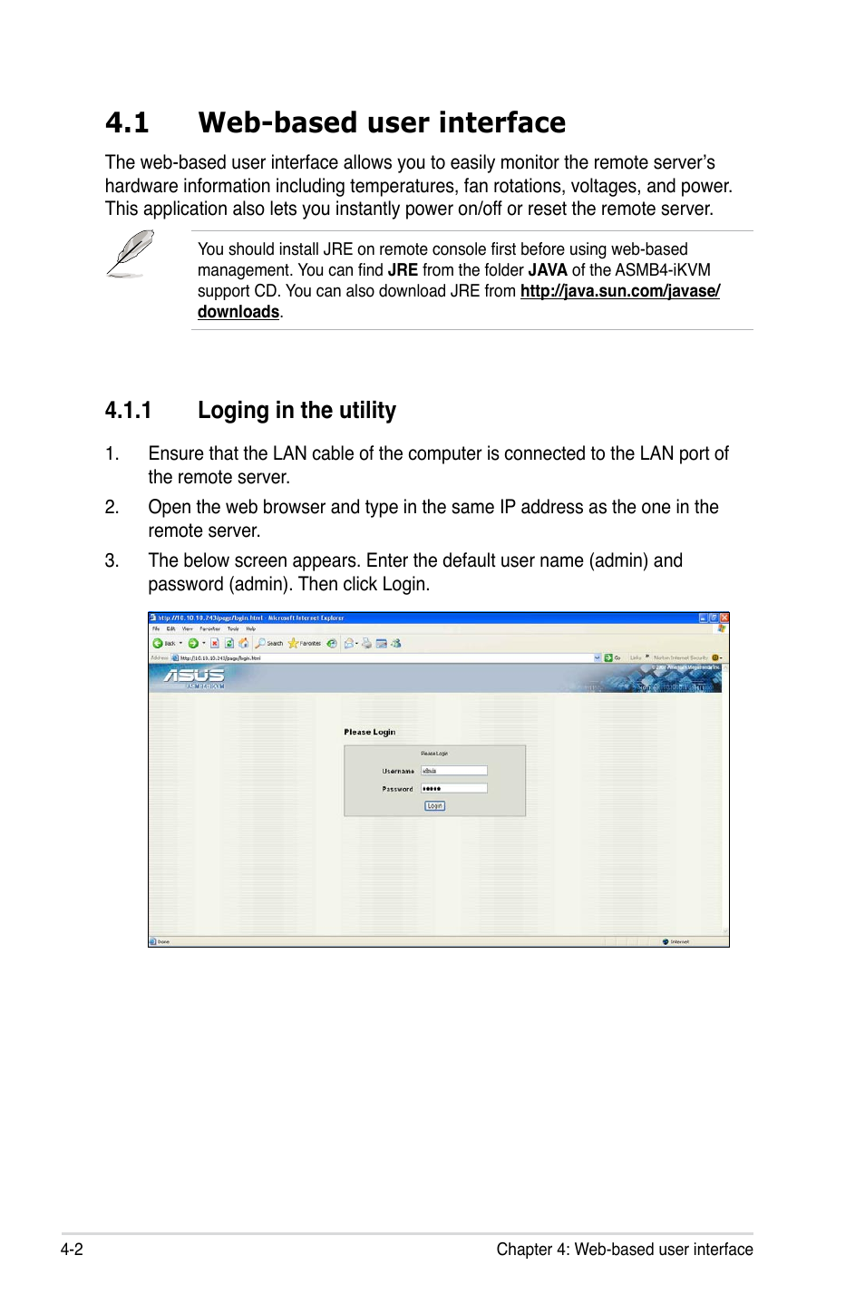 1 web-based user interface, 1 loging in the utility, Web-based user interface -2 4.1.1 | Loging in the utility -2 | Asus ASMB4-iKVM User Manual | Page 60 / 76