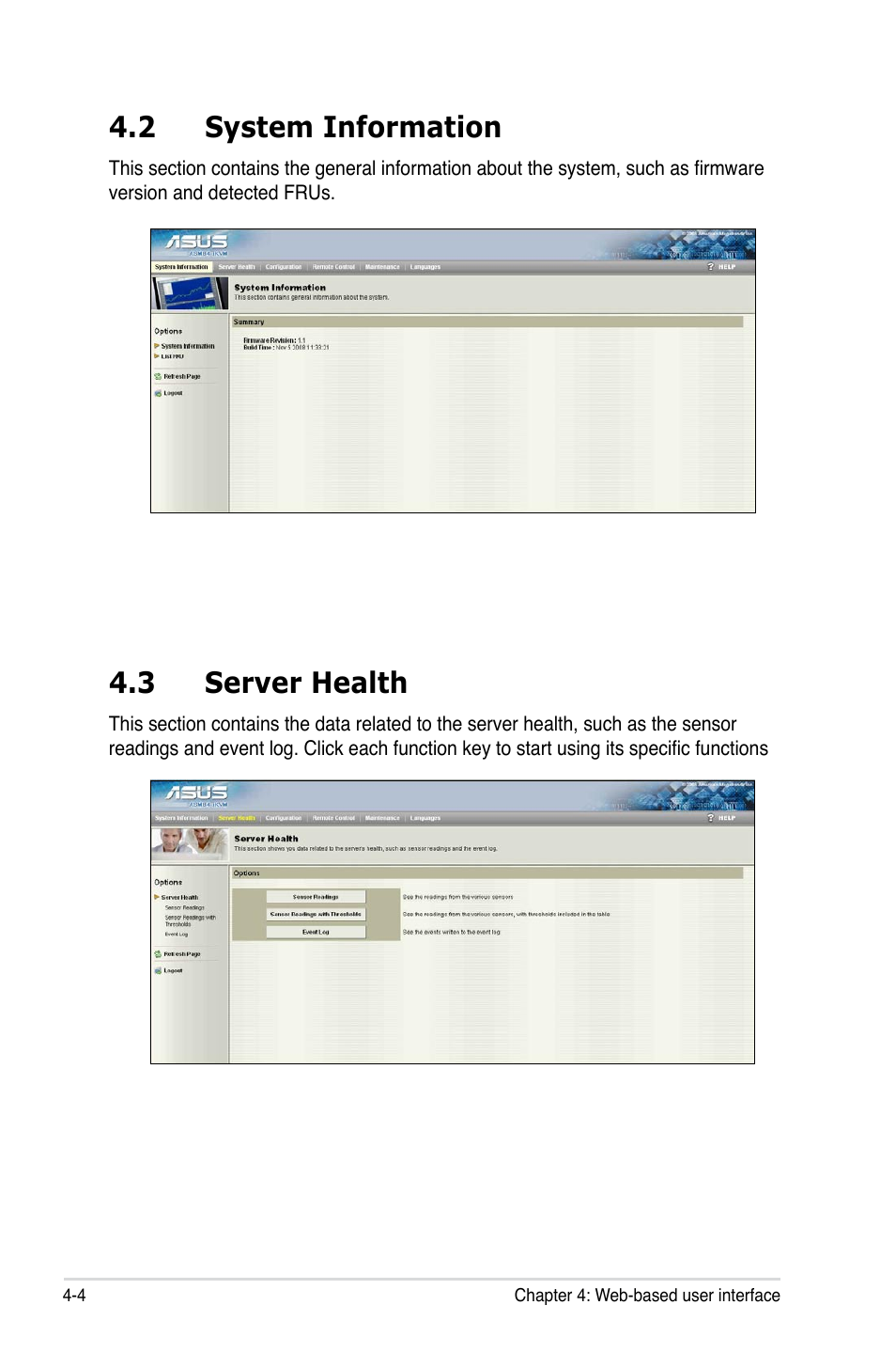 2 system information, 3 server health, System information -4 | Server health -4 | Asus ASMB4-iKVM User Manual | Page 62 / 76