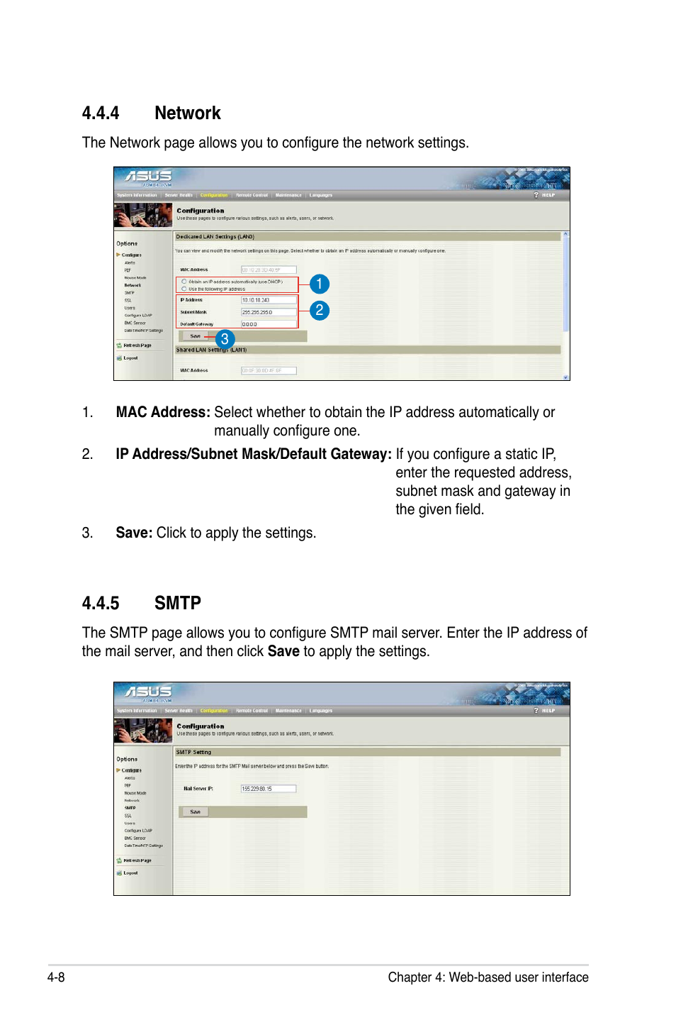 4 network, 5 smtp, Network -8 | Smtp -8 | Asus ASMB4-iKVM User Manual | Page 66 / 76