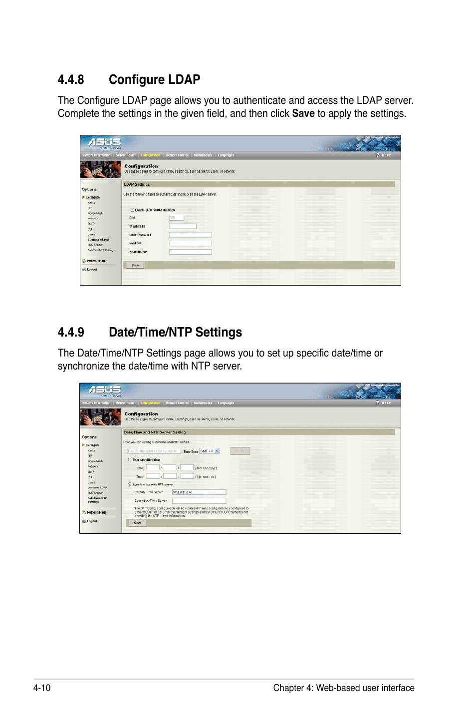 8 configure ldap, 9 date/time/ntp settings, Configure ldap -10 | Date/time/ntp settings -10 | Asus ASMB4-iKVM User Manual | Page 68 / 76