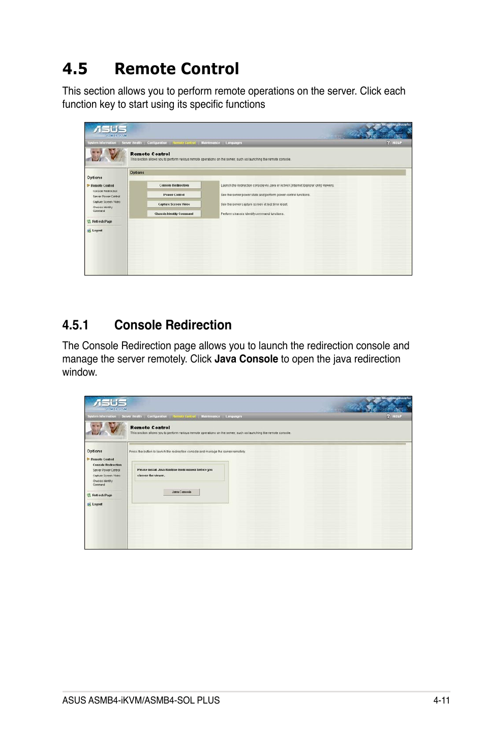 5 remote control, 1 console redirection, Remote control -11 4.5.1 | Console redirection -11 | Asus ASMB4-iKVM User Manual | Page 69 / 76