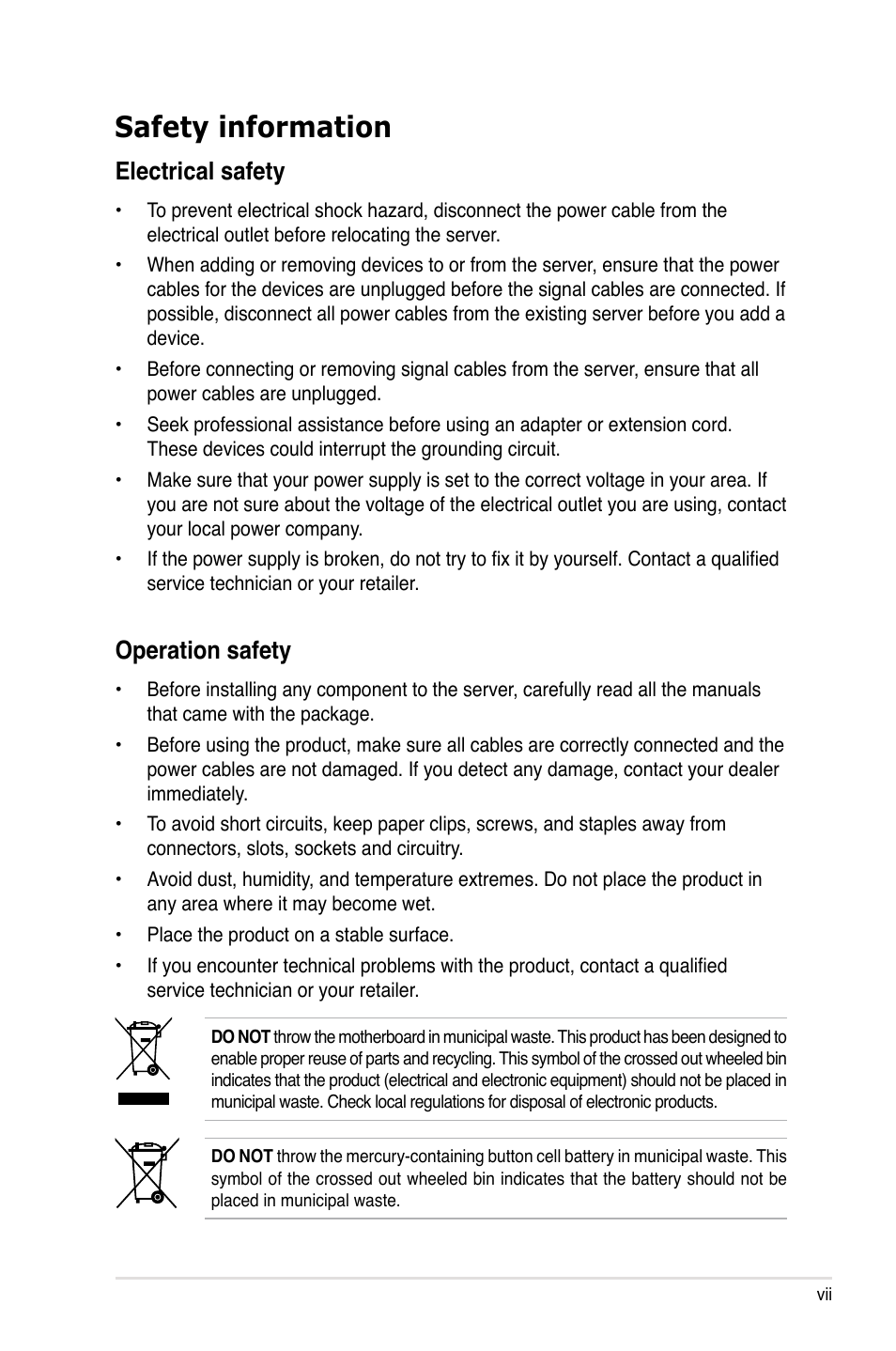 Safety information, Electrical safety, Operation safety | Asus ASMB4-iKVM User Manual | Page 7 / 76