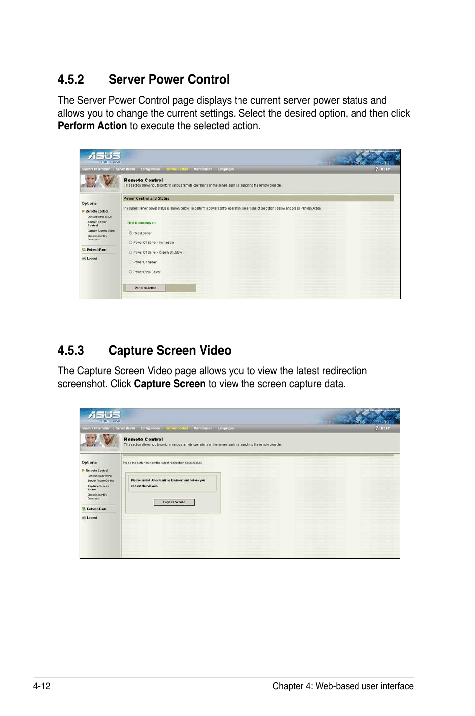 2 server power control, 3 capture screen video, Server power control -12 | Capture screen video -12 | Asus ASMB4-iKVM User Manual | Page 70 / 76