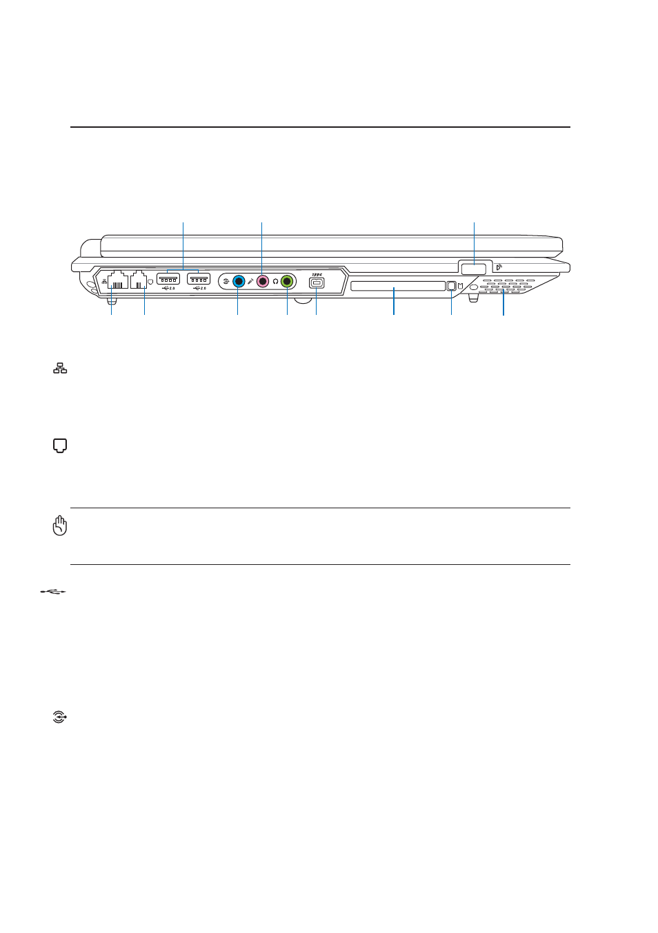 Left side, Knowing the parts, Modem port | Usb port (2.0/1.1), Lan port, Audio input jack (audio in) | Asus Z91ER User Manual | Page 16 / 68