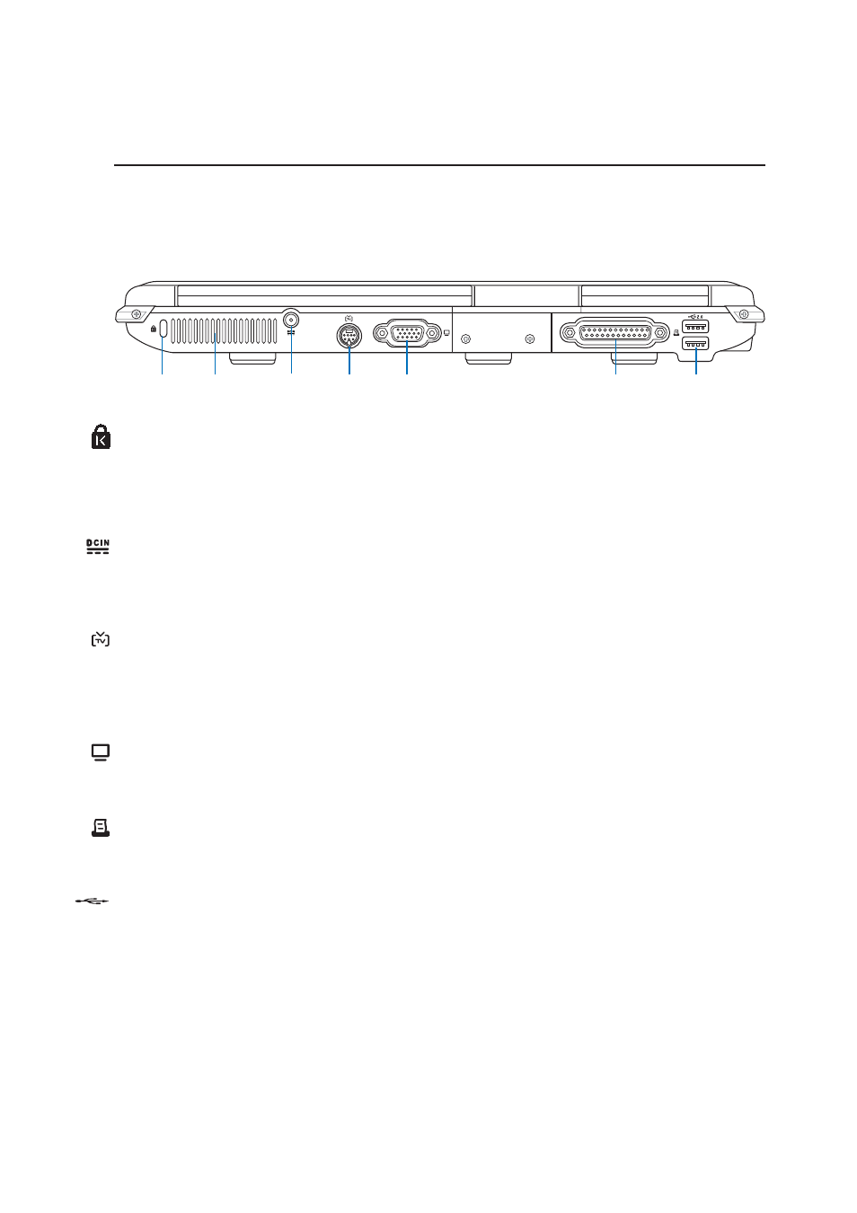 Rear side, 19 knowing the parts, Kensington | Lock port, Power (dc) input, Tv-out port, Display (monitor) output, Parallel port, Usb port (2.0/1.1) | Asus Z91ER User Manual | Page 19 / 68