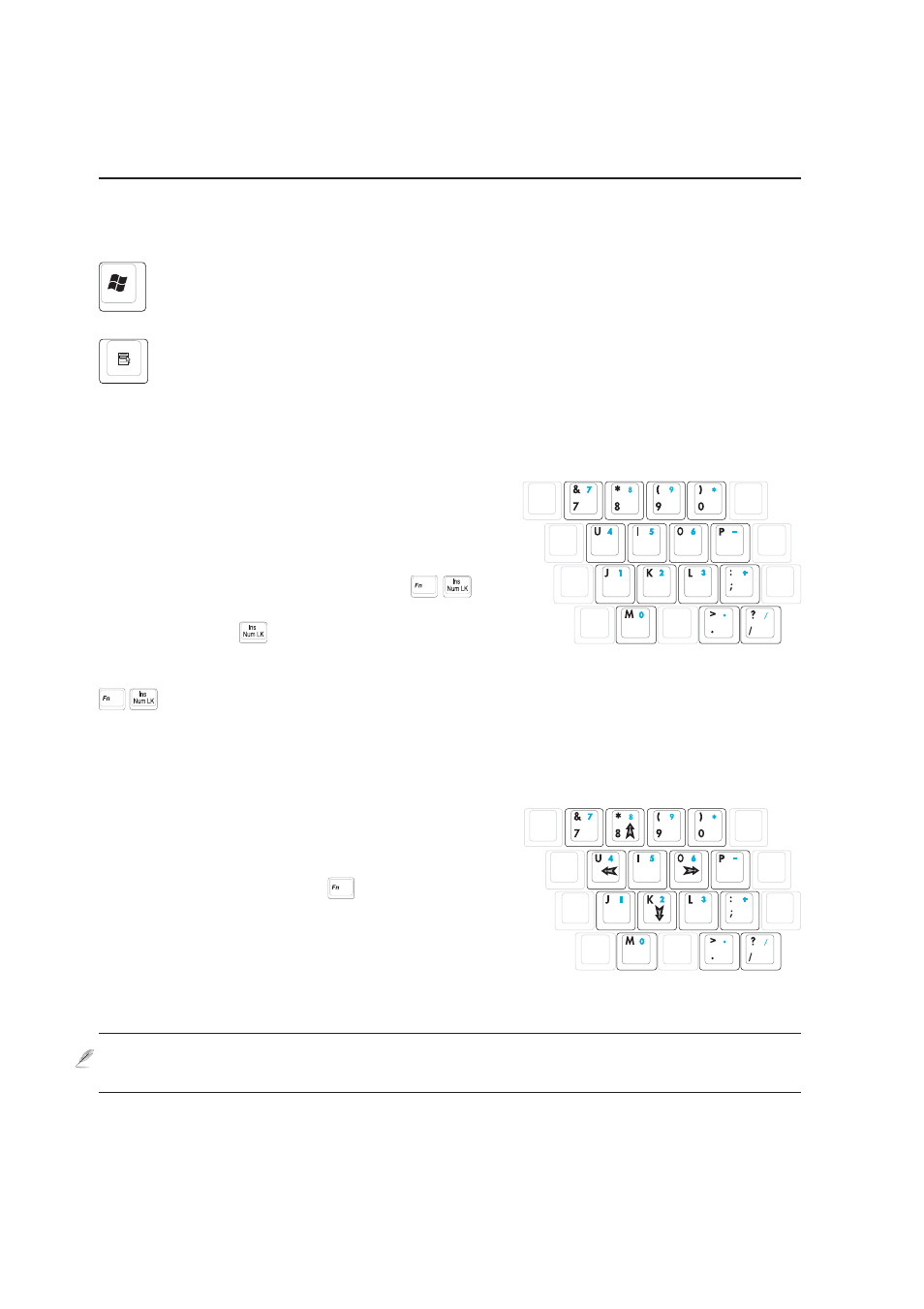 Keyboard as a numeric keypad, Microsoft windows™ keys, Keyboard as cursors | Asus Z91ER User Manual | Page 28 / 68