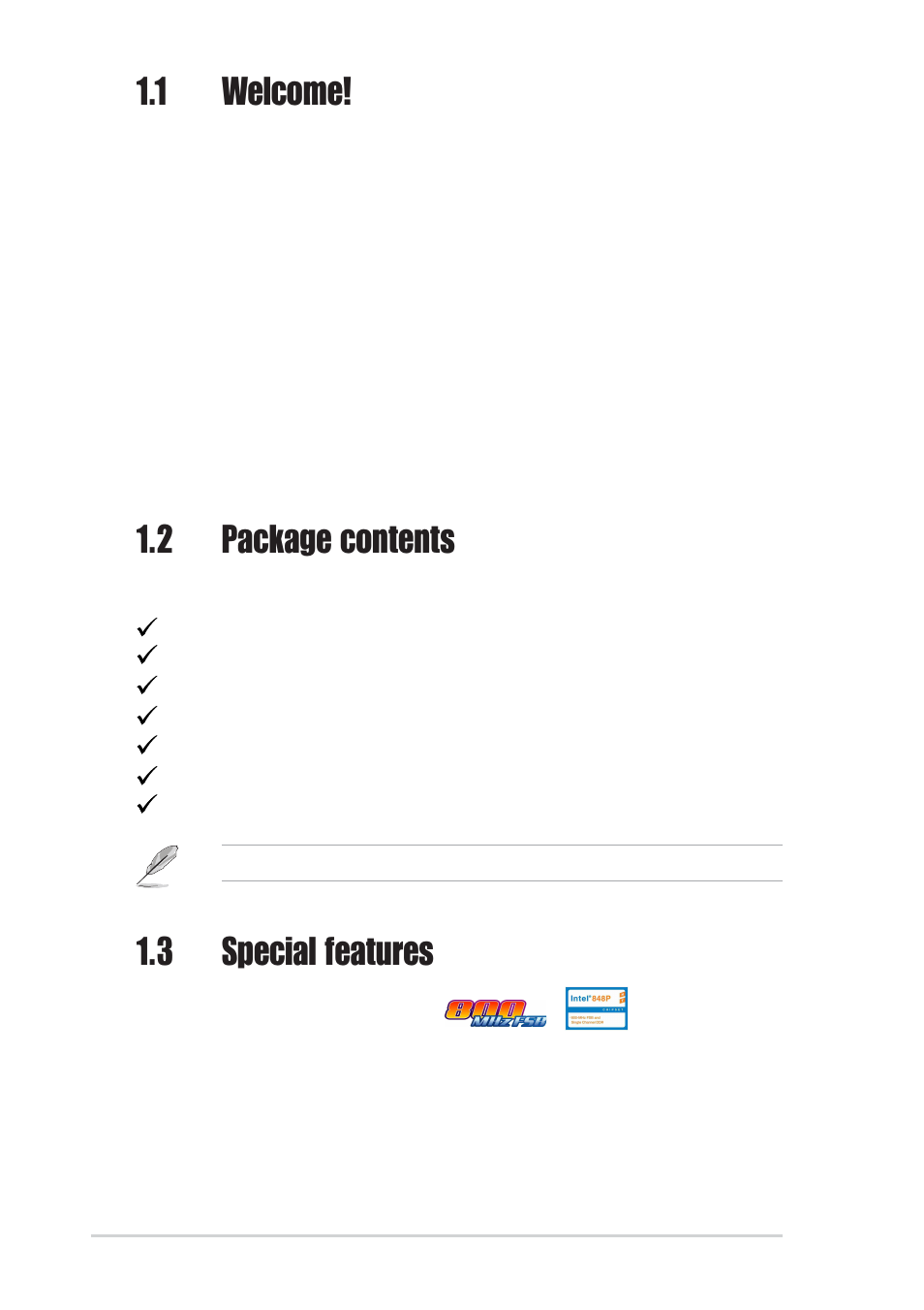 1 welcome, 2 package contents, 3 special features | Asus P4P800S SE User Manual | Page 12 / 78