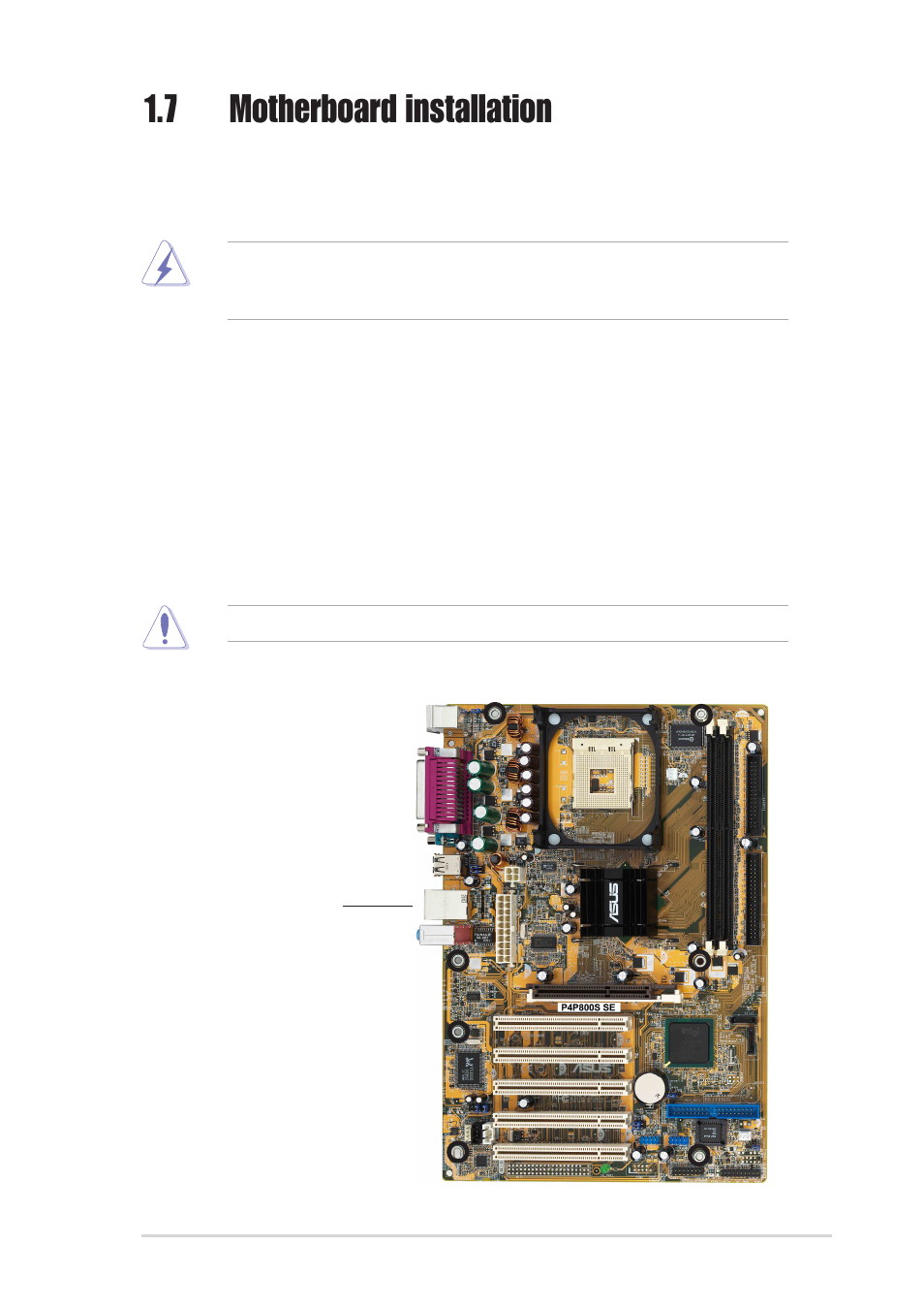 7 motherboard installation, 1 placement direction, 2 screw holes | Asus P4P800S SE User Manual | Page 19 / 78