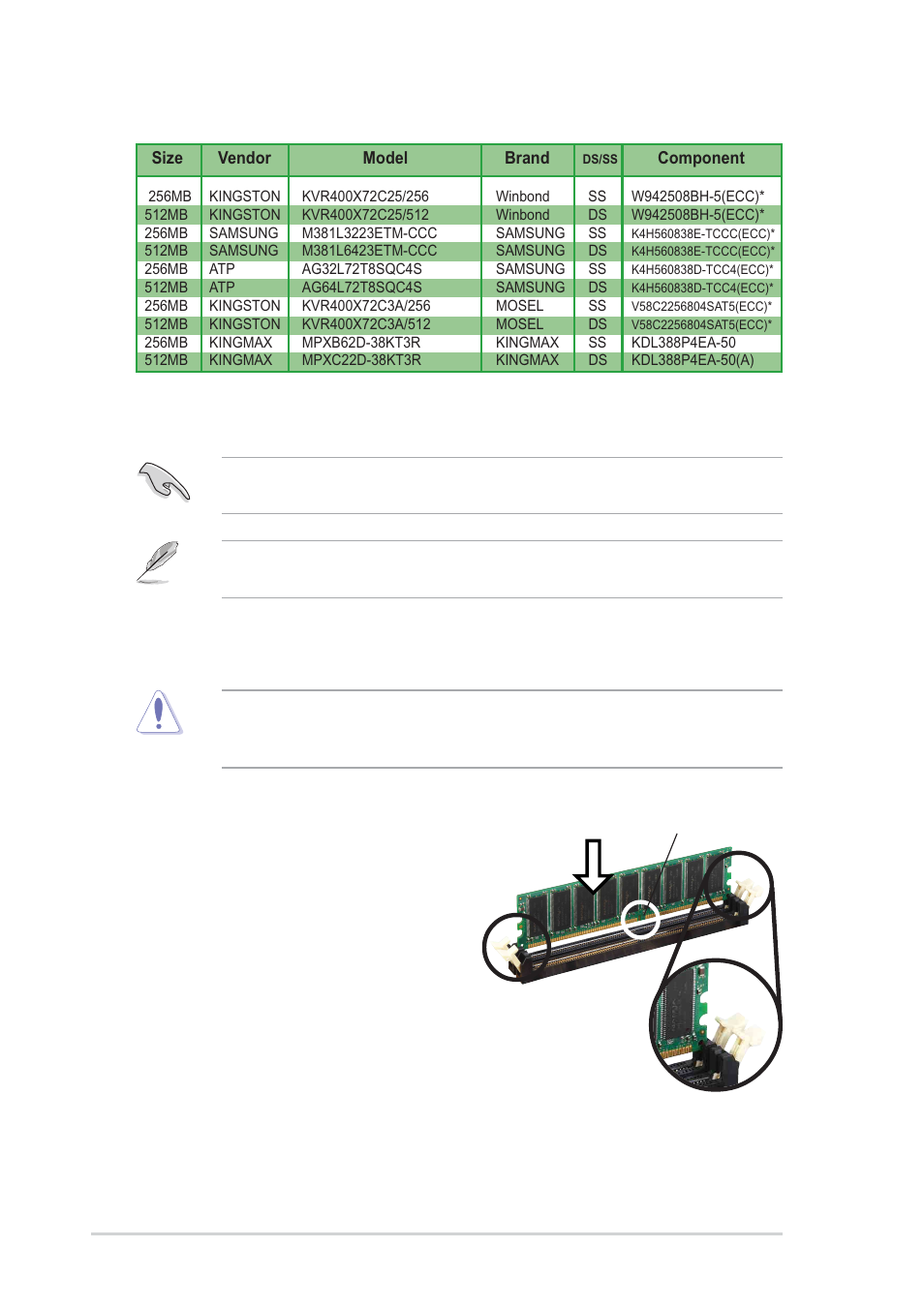 2 installing a dimm, Ddr400 qualified vendor list (qvl), 14 chapter 1: product introduction | Asus P4P800S SE User Manual | Page 24 / 78