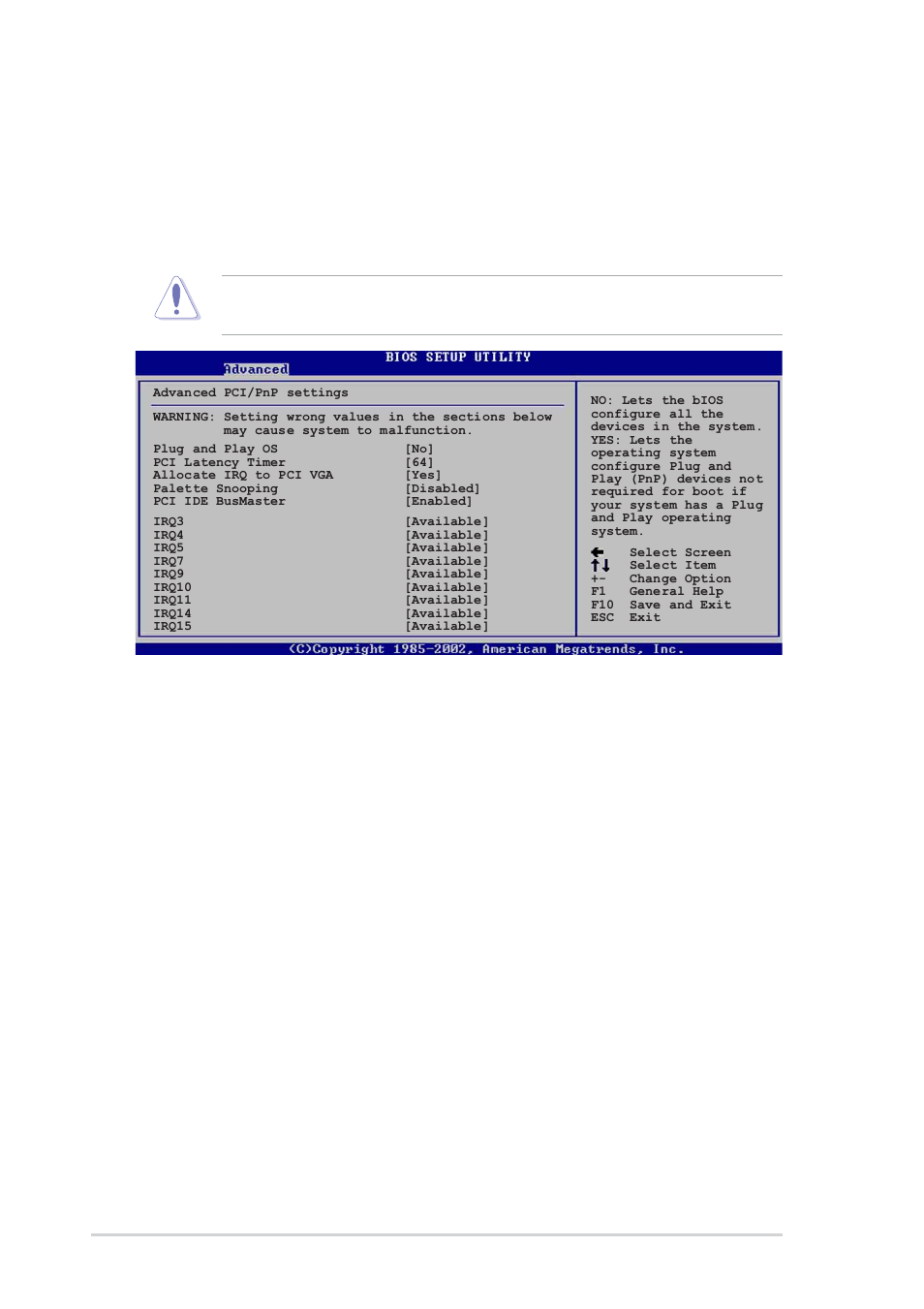 5 pci pnp, Plug and play o/s [no, Pci latency timer [64 | Allocate irq to pci vga [yes, Palette snooping [disabled | Asus P4P800S SE User Manual | Page 58 / 78
