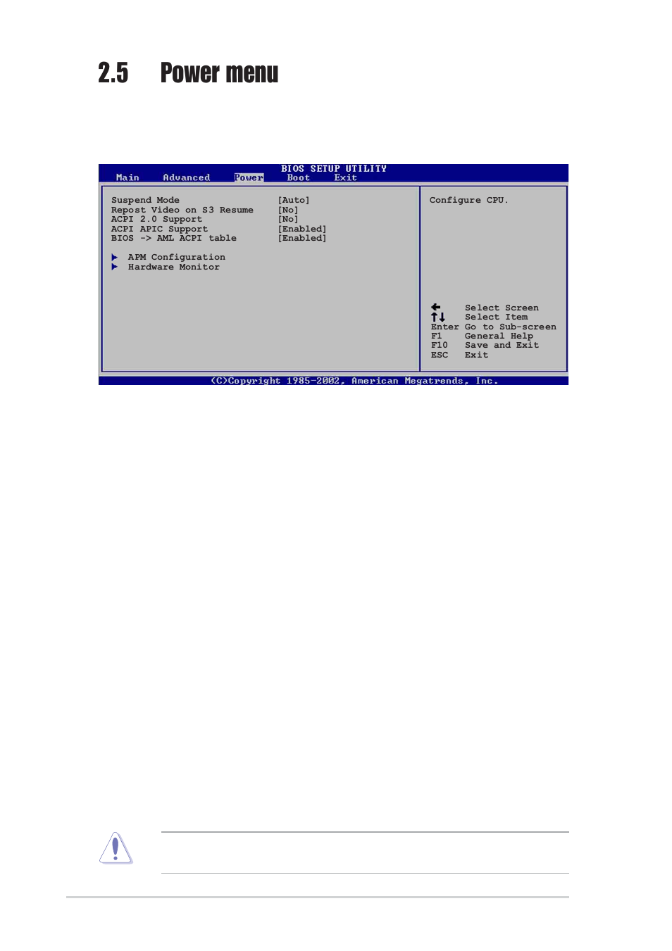 5 power menu, 1 suspend mode [auto, 2 repost video on s3 resume [no | 3 acpi 2.0 support [no, 4 acpi apic support [enabled, 5 bios -> aml acpi table [enabled | Asus P4P800S SE User Manual | Page 62 / 78