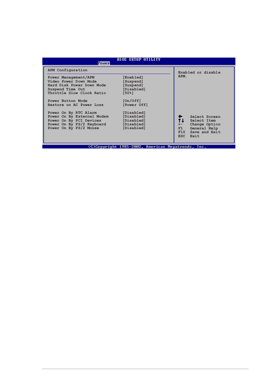 6 advanced power management (apm) configuration, Power management/apm [enabled, Video power down mode [suspend | Hard disk power down mode [suspend, Suspend time out [disabled, Throttle slow clock ratio [50, Power button mode [on/off | Asus P4P800S SE User Manual | Page 63 / 78