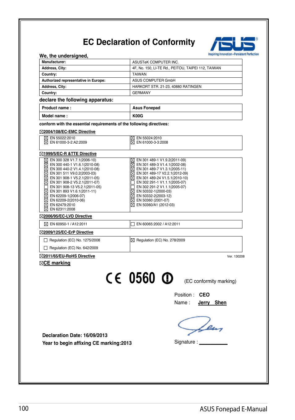 Ec declaration of conformity, Asus fonepad e-manual 100 | Asus Fonepad Note 6 User Manual | Page 100 / 102