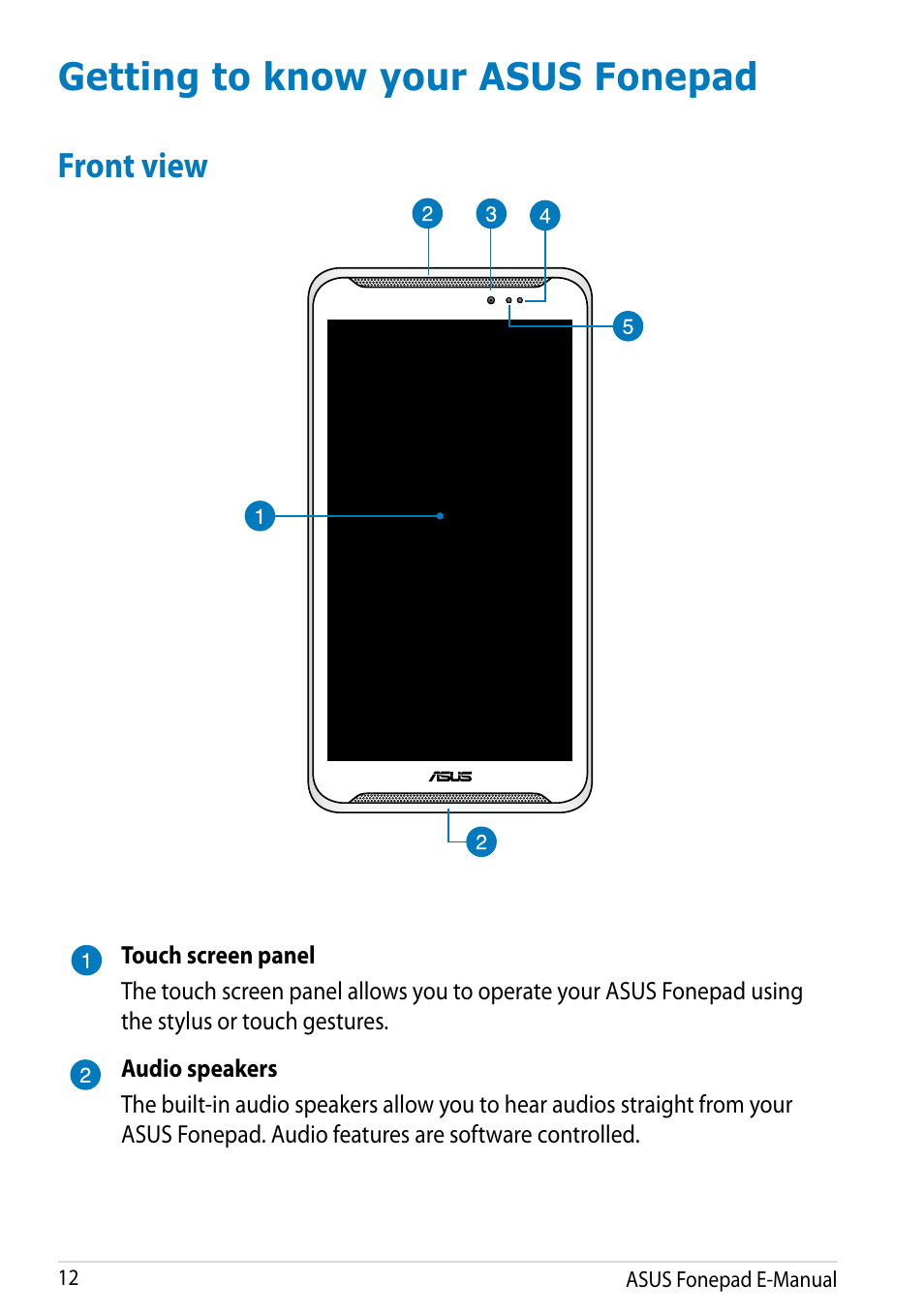 Getting to know your asus fonepad, Front view | Asus Fonepad Note 6 User Manual | Page 12 / 102