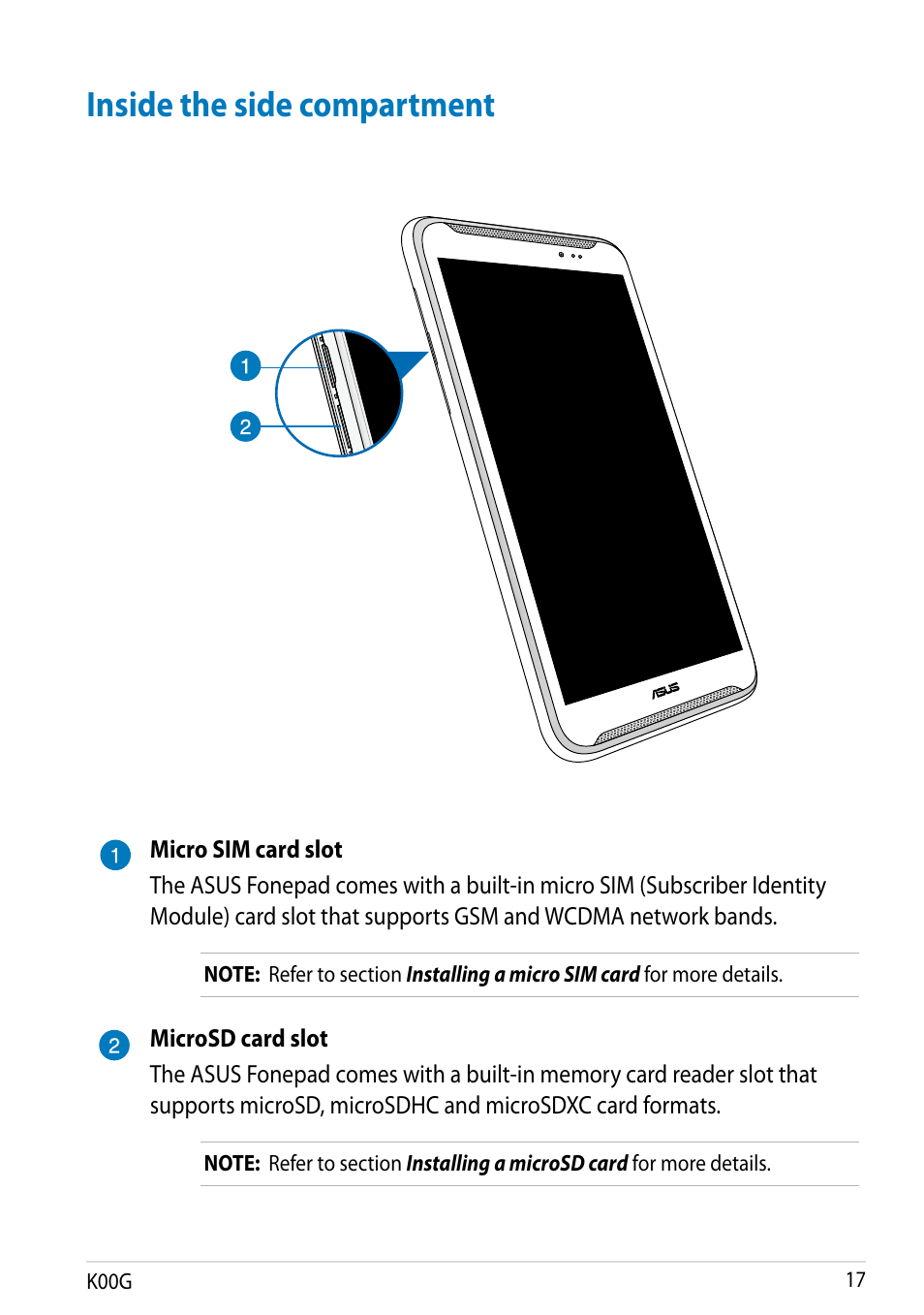 Inside the side compartment | Asus Fonepad Note 6 User Manual | Page 17 / 102