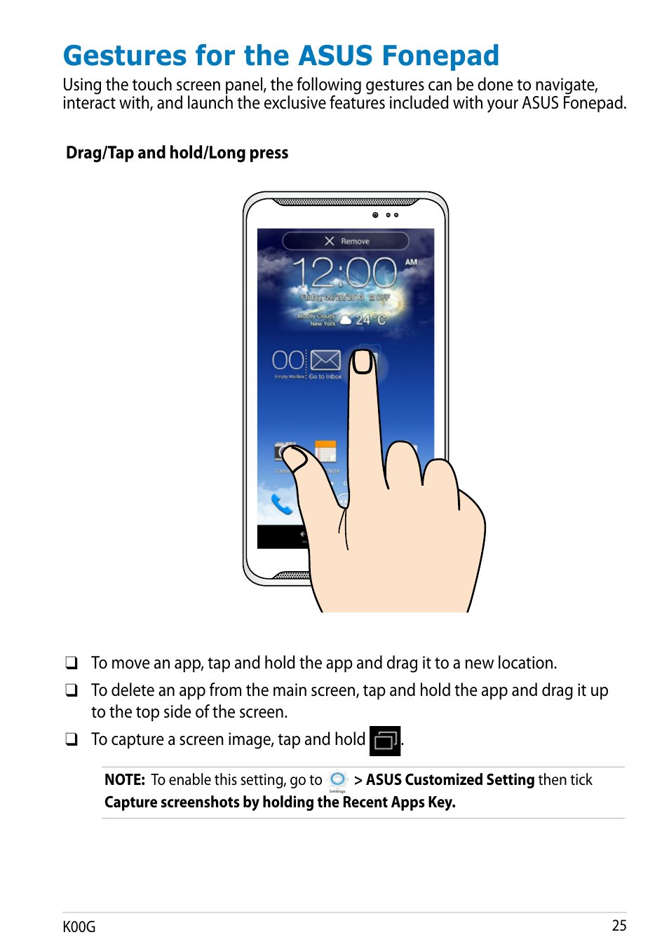 Gestures for the asus fonepad | Asus Fonepad Note 6 User Manual | Page 25 / 102