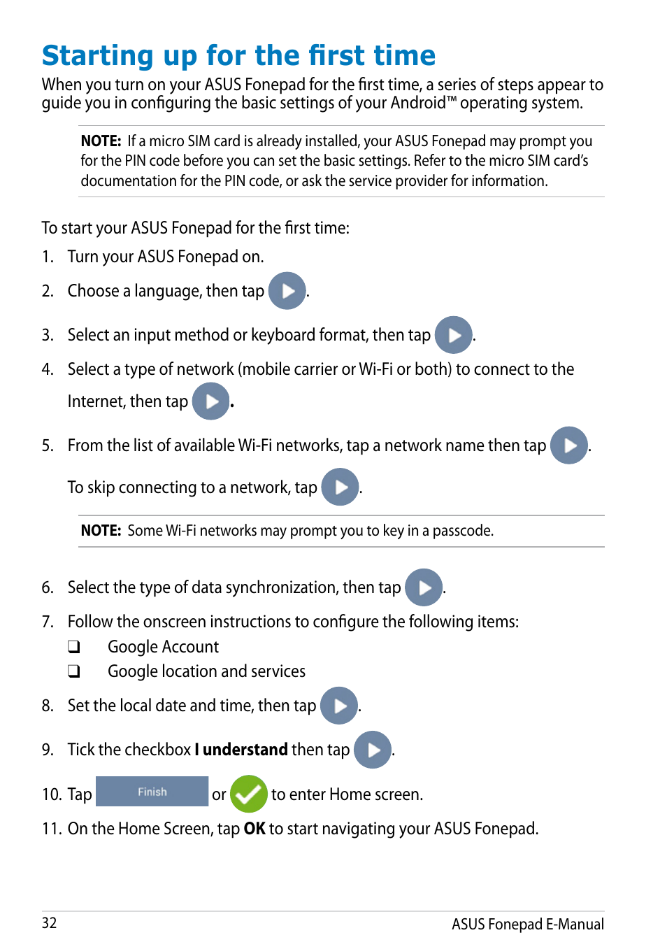 Starting up for the first time | Asus Fonepad Note 6 User Manual | Page 32 / 102