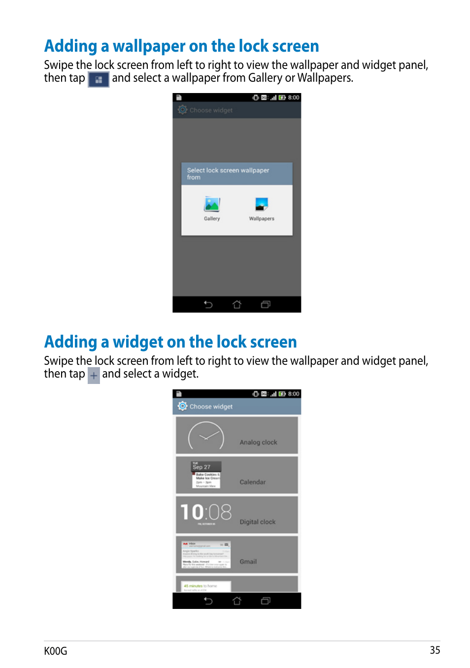 Adding a wallpaper on the lock screen, Adding a widget on the lock screen | Asus Fonepad Note 6 User Manual | Page 35 / 102