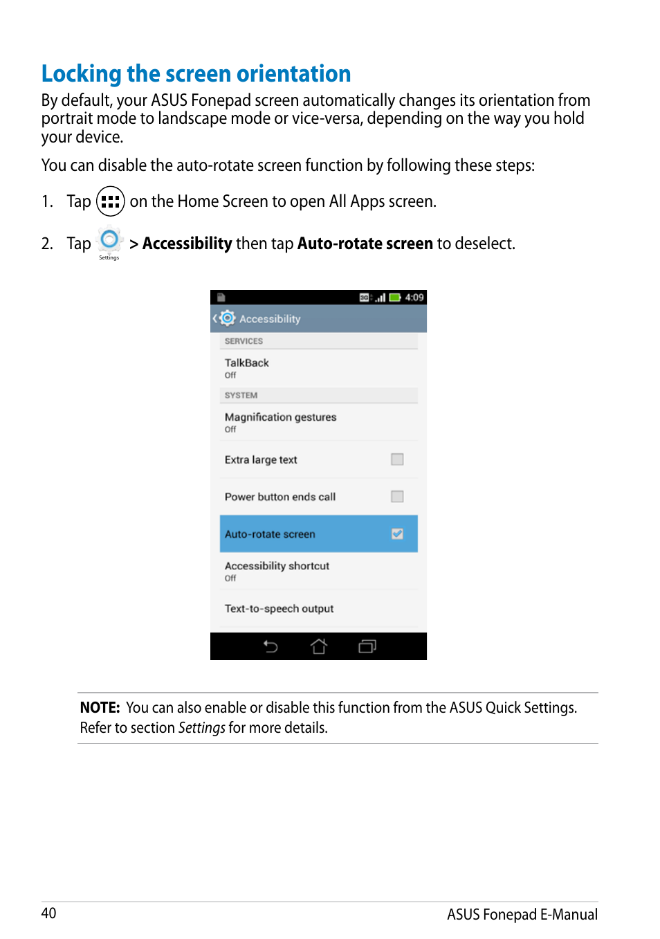 Locking the screen orientation | Asus Fonepad Note 6 User Manual | Page 40 / 102