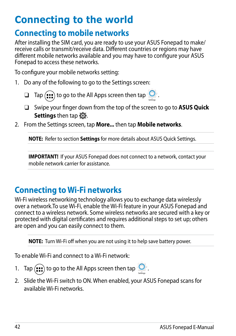Connecting to the world, Connecting to mobile networks, Connecting to wi-fi networks | Asus Fonepad Note 6 User Manual | Page 42 / 102
