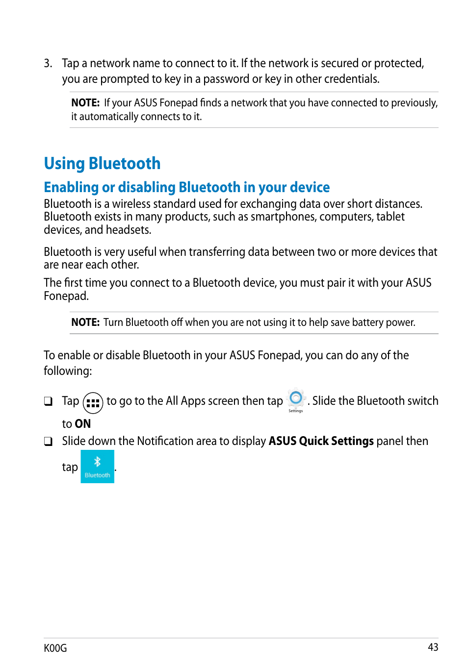 Using bluetooth, Enabling or disabling bluetooth in your device | Asus Fonepad Note 6 User Manual | Page 43 / 102