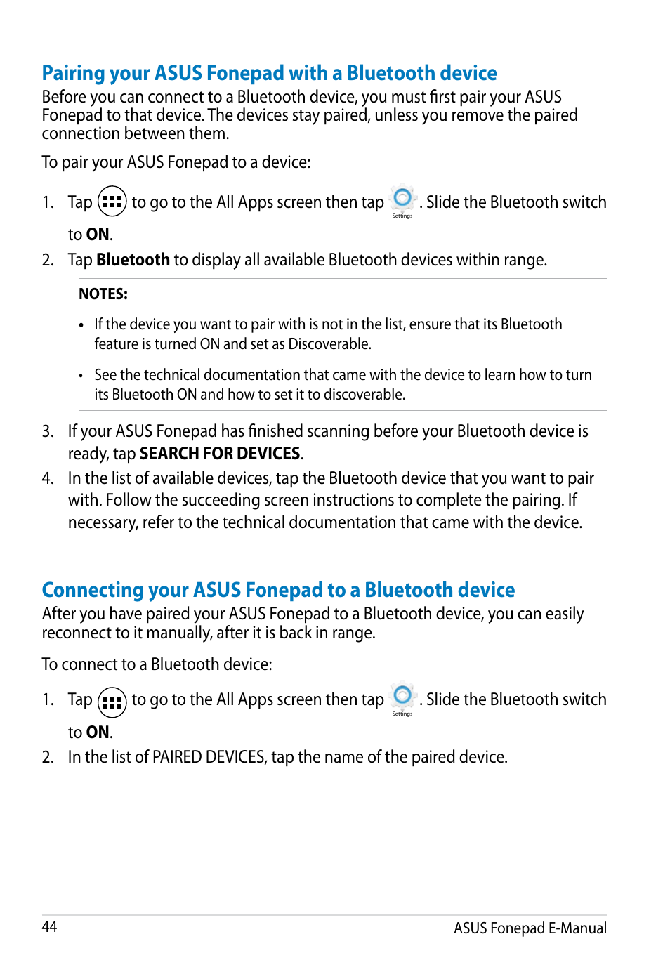 Pairing your asus fonepad with a bluetooth device, Connecting your asus fonepad to a bluetooth device | Asus Fonepad Note 6 User Manual | Page 44 / 102