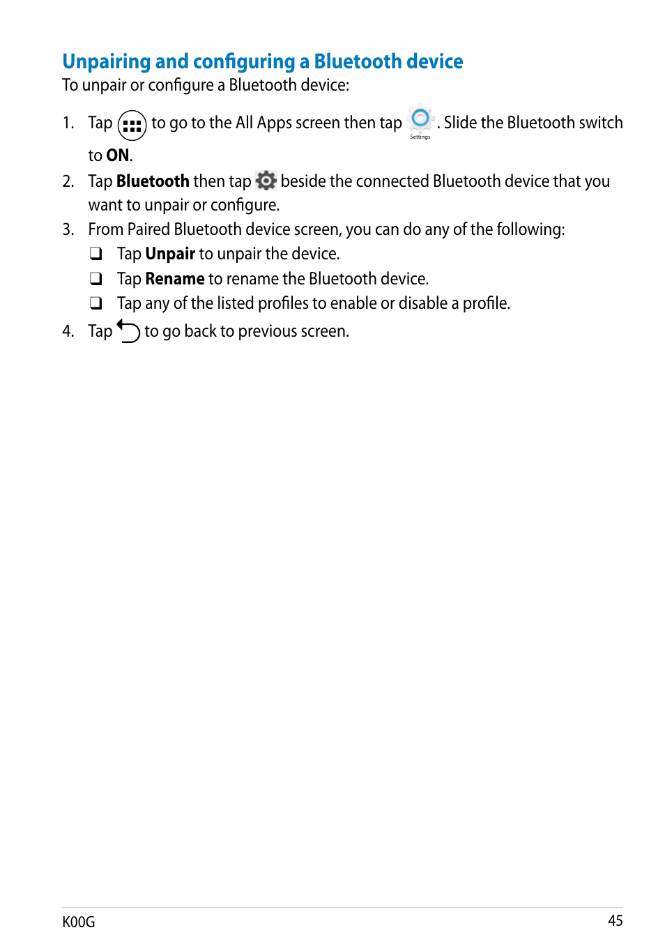 Unpairing and configuring a bluetooth device | Asus Fonepad Note 6 User Manual | Page 45 / 102