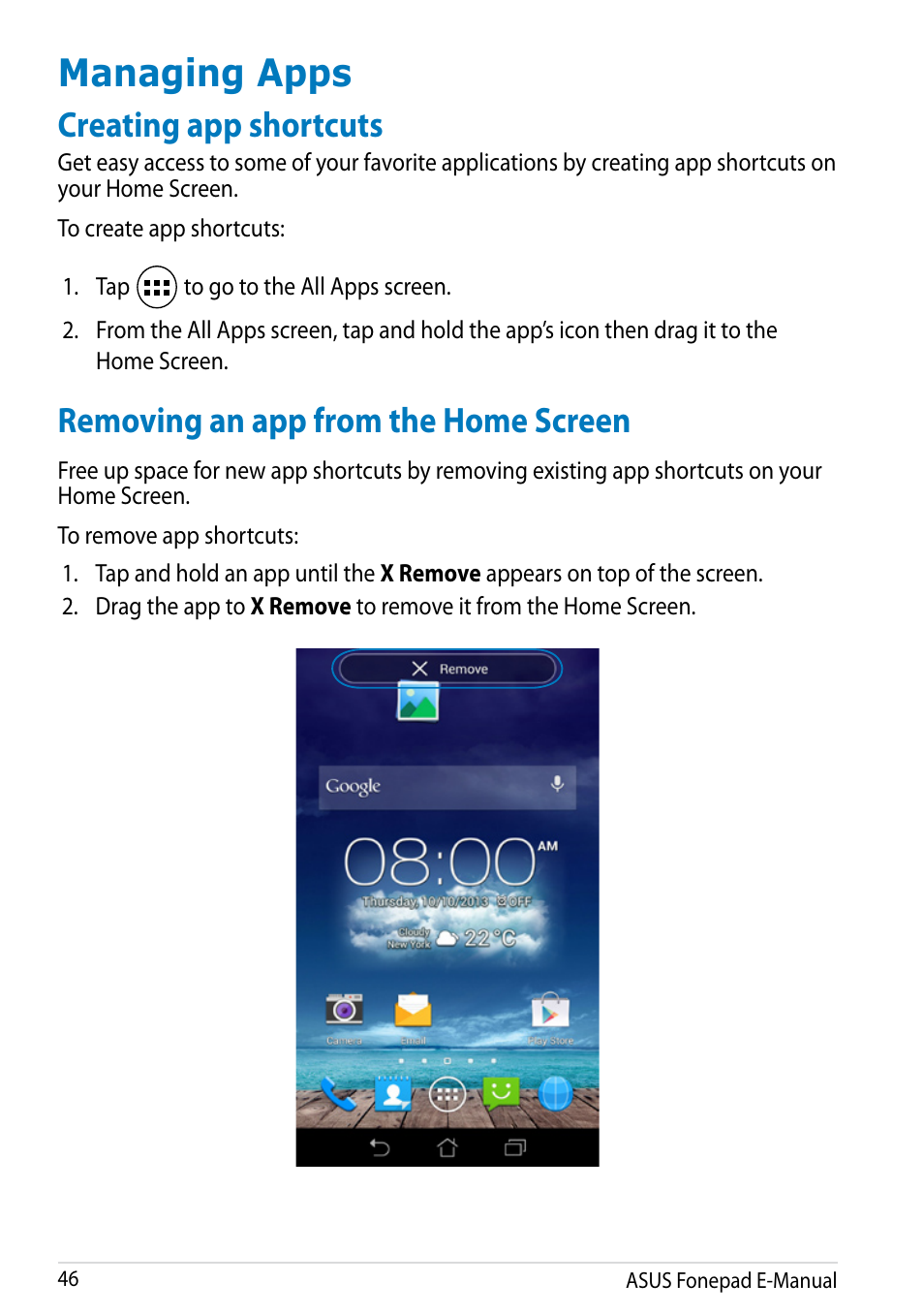 Managing apps, Creating app shortcuts, Removing an app from the home screen | Asus Fonepad Note 6 User Manual | Page 46 / 102