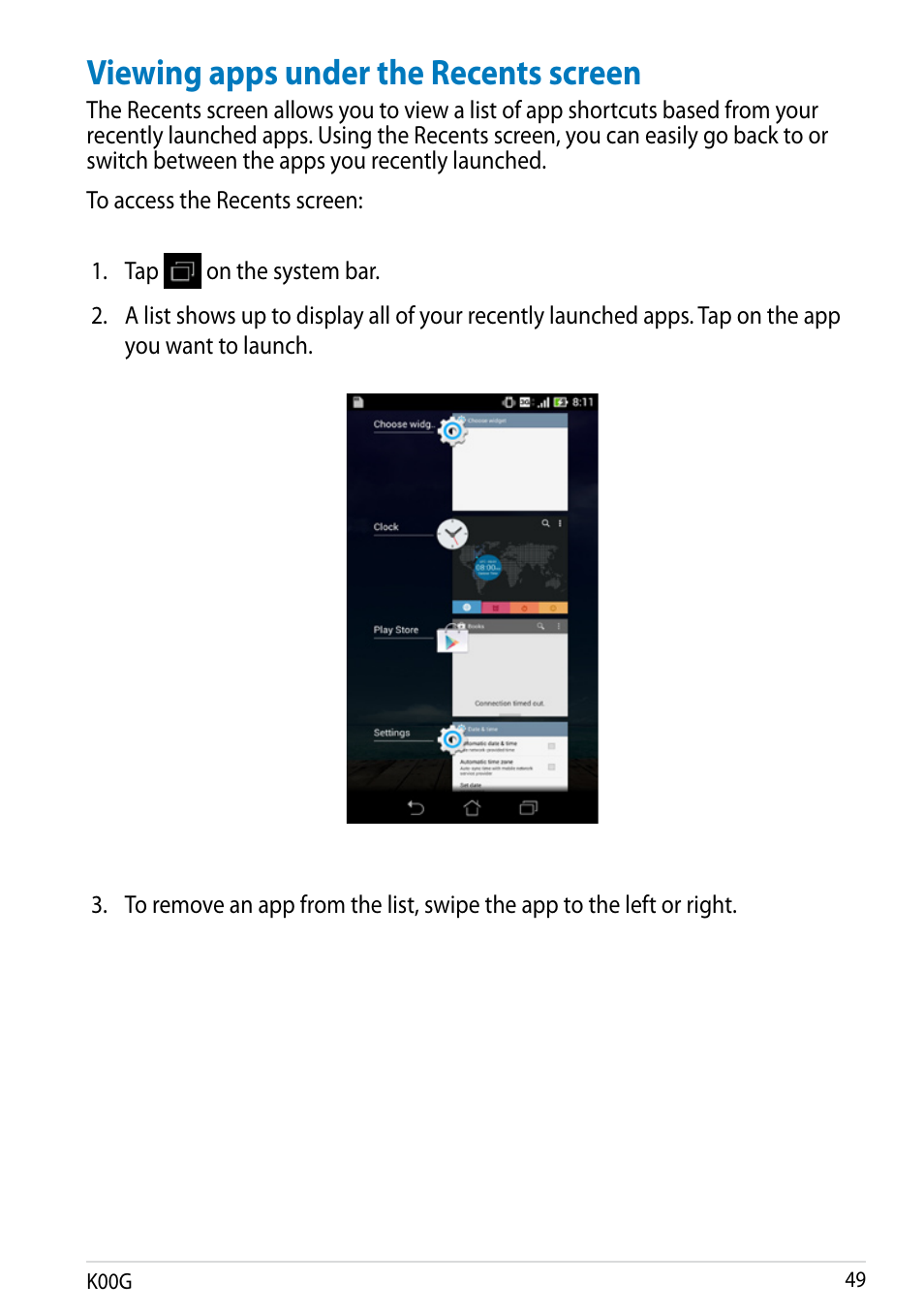 Viewing apps under the recents screen | Asus Fonepad Note 6 User Manual | Page 49 / 102