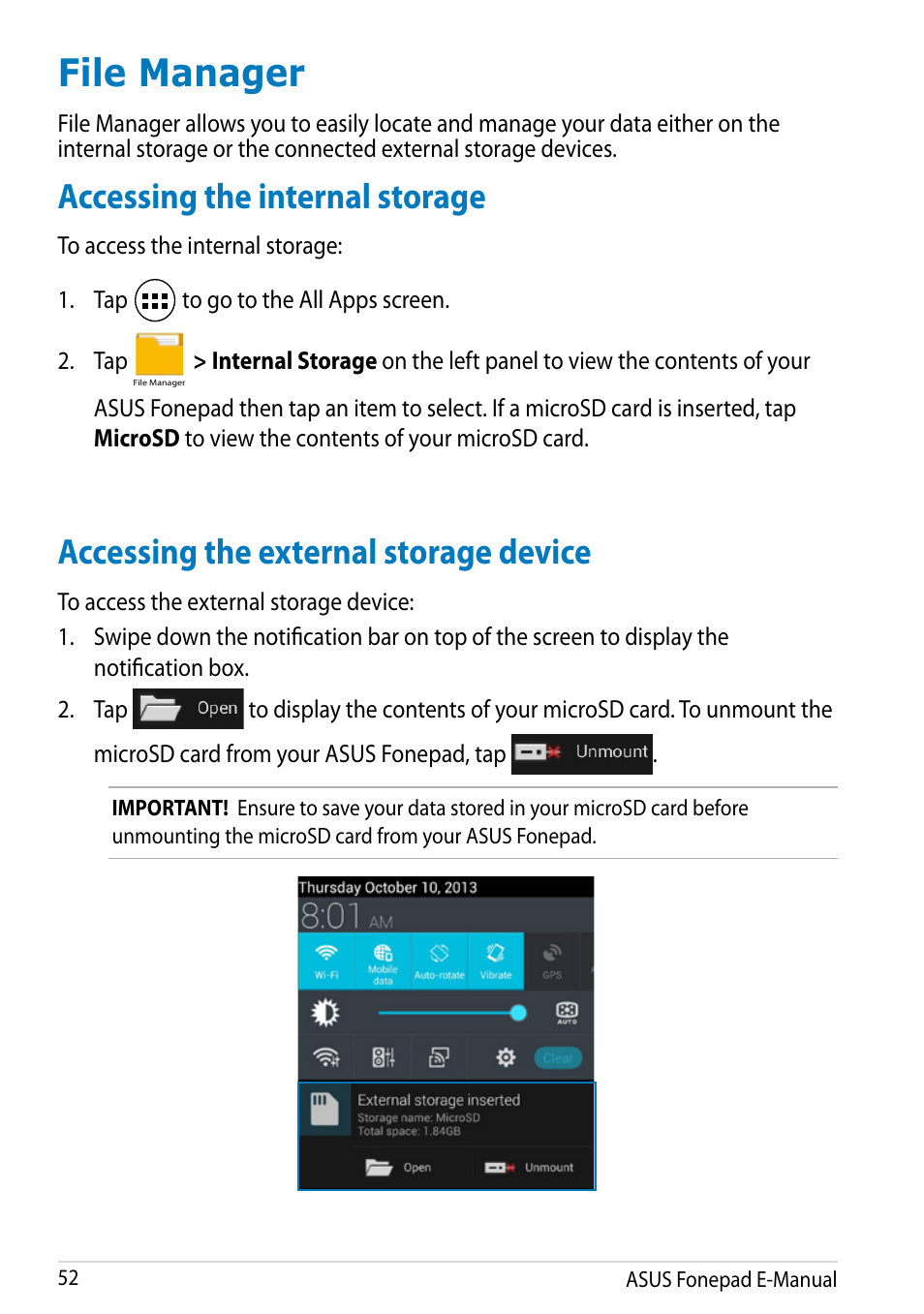 File manager, Accessing the internal storage, Accessing the external storage device | Asus Fonepad Note 6 User Manual | Page 52 / 102