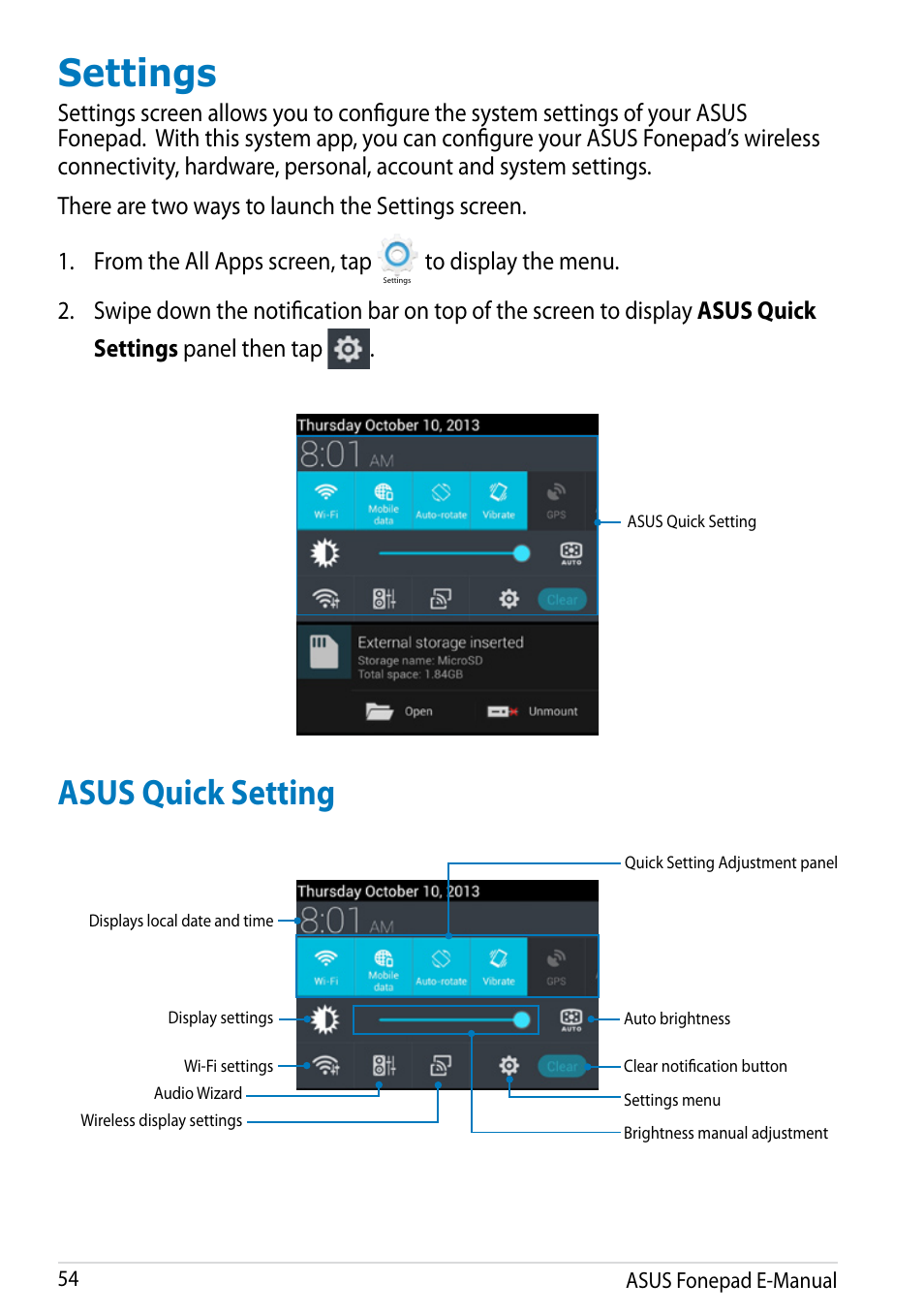 Settings, Asus quick setting | Asus Fonepad Note 6 User Manual | Page 54 / 102