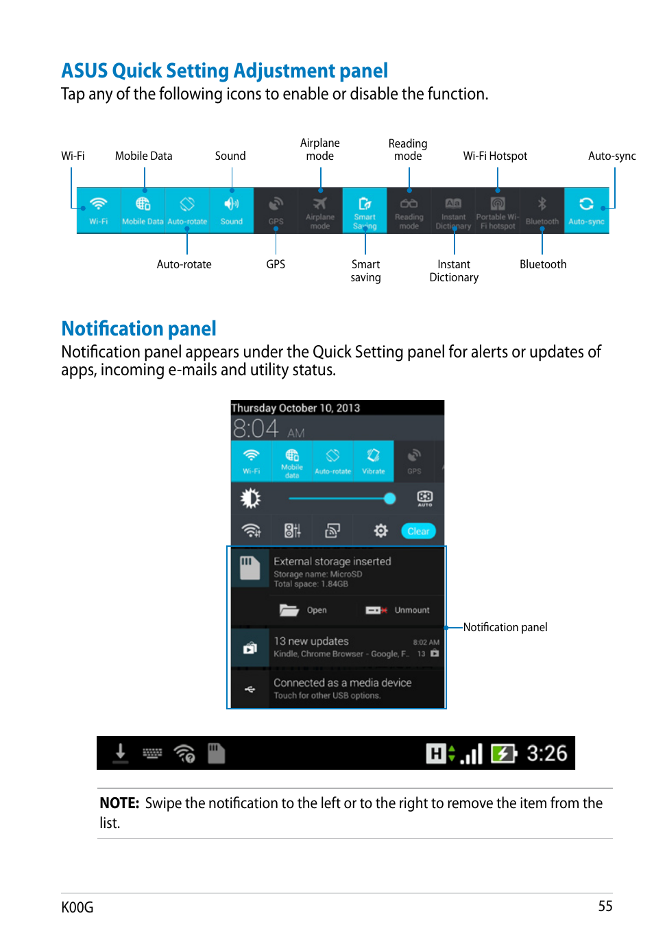 Asus quick setting adjustment panel, Notification panel | Asus Fonepad Note 6 User Manual | Page 55 / 102