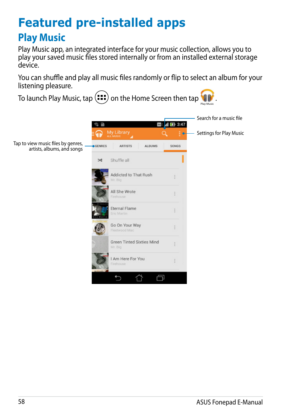 Featured pre-installed apps, Play music | Asus Fonepad Note 6 User Manual | Page 58 / 102
