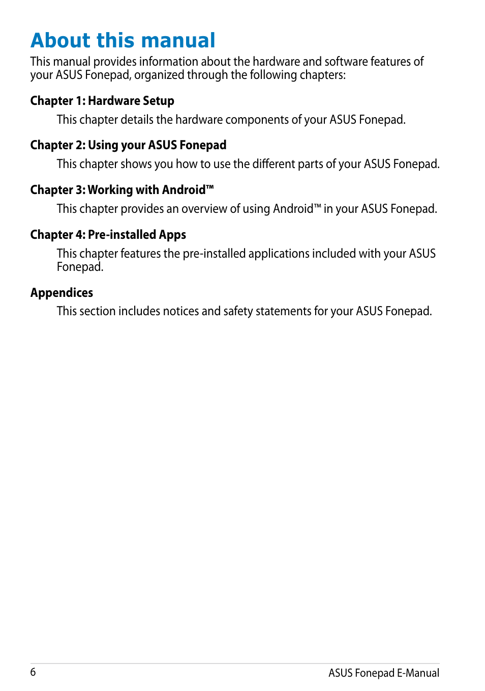 About this manual | Asus Fonepad Note 6 User Manual | Page 6 / 102