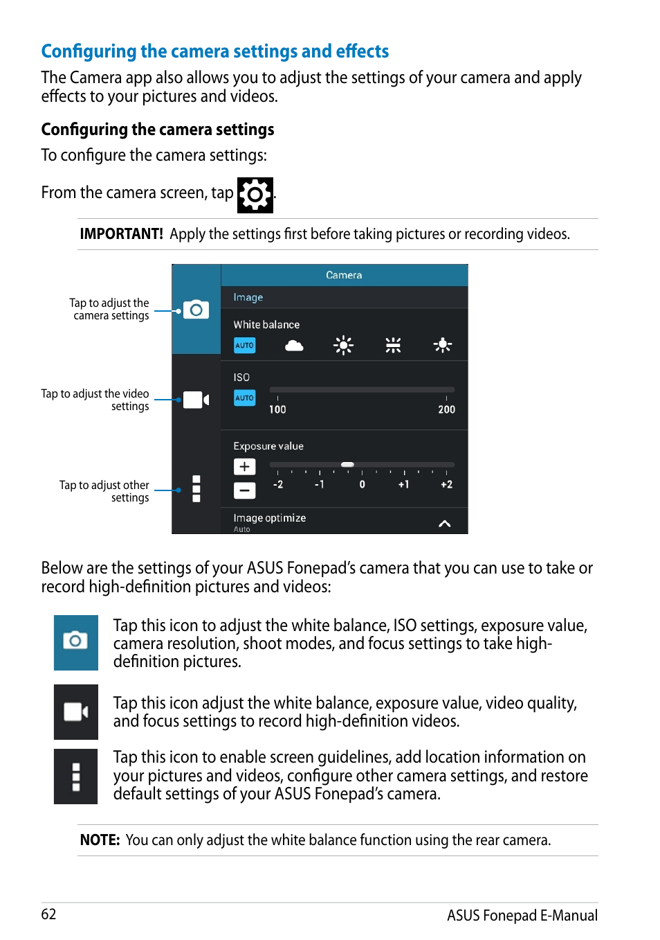 Configuring the camera settings and effects | Asus Fonepad Note 6 User Manual | Page 62 / 102