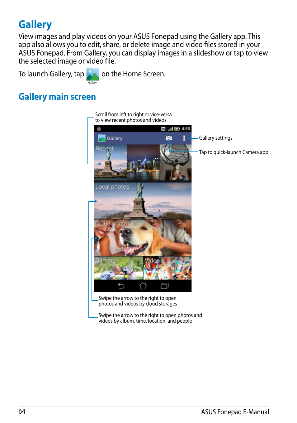 Gallery, Gallery main screen, On the home screen | Asus Fonepad Note 6 User Manual | Page 64 / 102