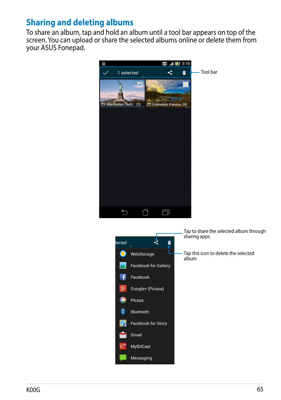 Sharing and deleting albums | Asus Fonepad Note 6 User Manual | Page 65 / 102