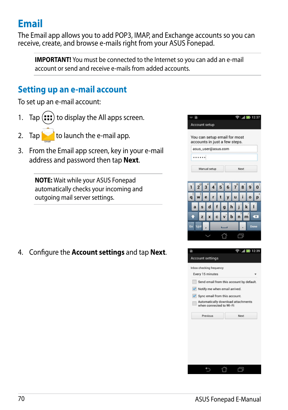 Email, Setting up an e-mail account | Asus Fonepad Note 6 User Manual | Page 70 / 102