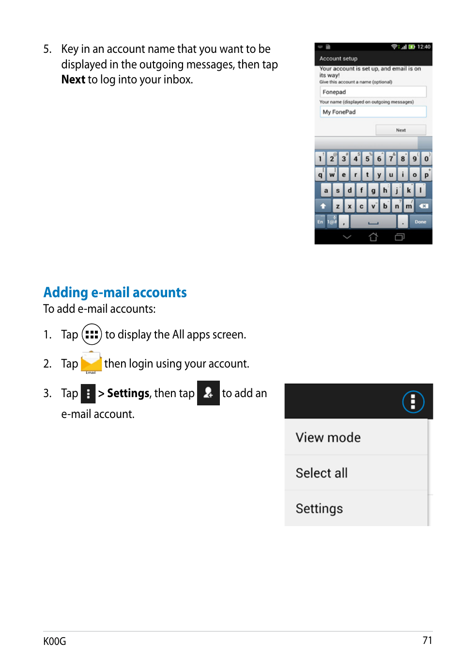 Adding e-mail accounts | Asus Fonepad Note 6 User Manual | Page 71 / 102