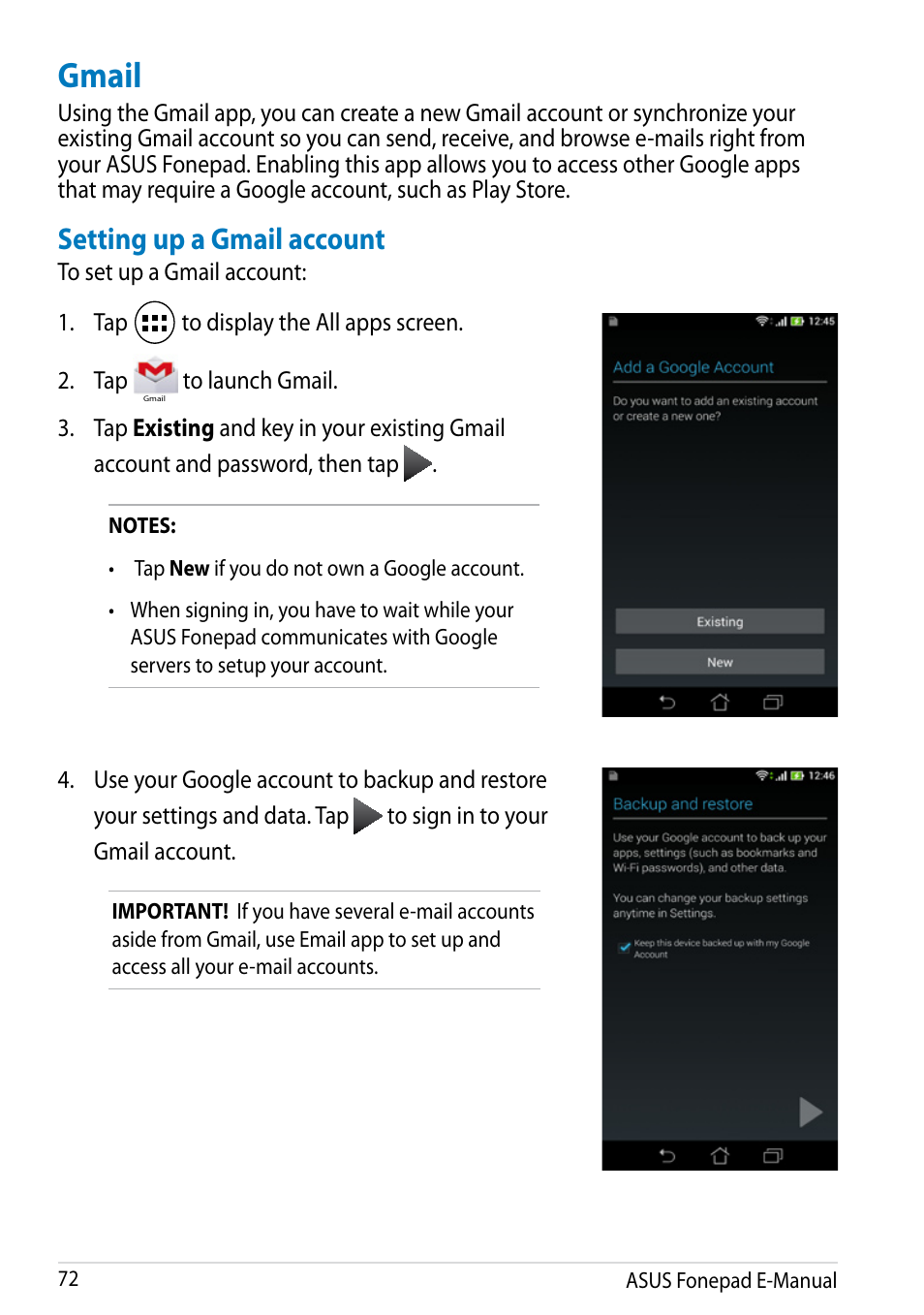 Gmail, Setting up a gmail account | Asus Fonepad Note 6 User Manual | Page 72 / 102