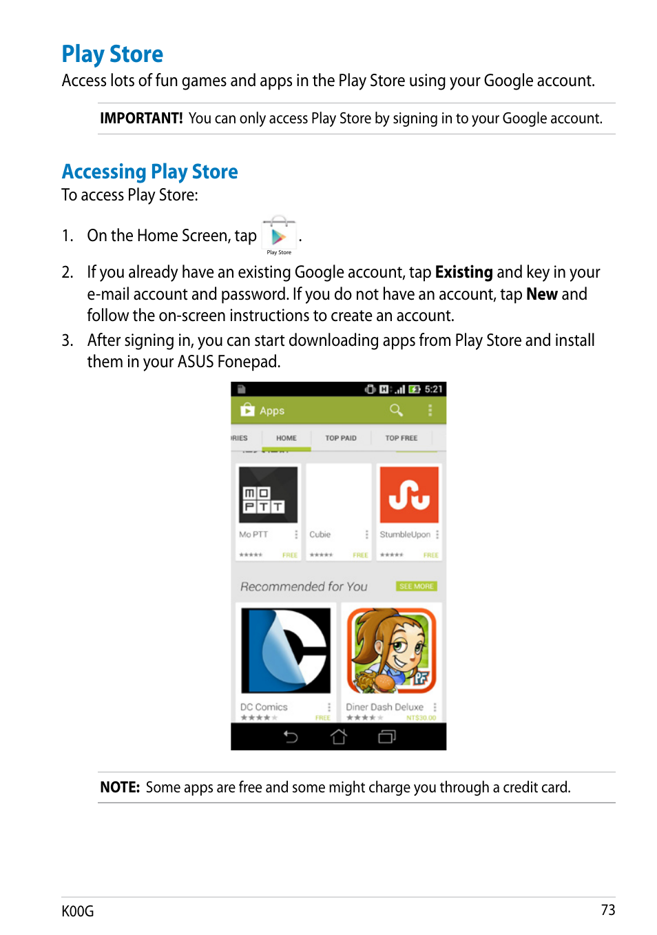 Play store, Accessing play store | Asus Fonepad Note 6 User Manual | Page 73 / 102