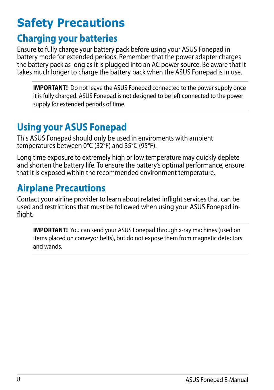 Safety precautions, Charging your batteries, Using your asus fonepad | Airplane precautions | Asus Fonepad Note 6 User Manual | Page 8 / 102