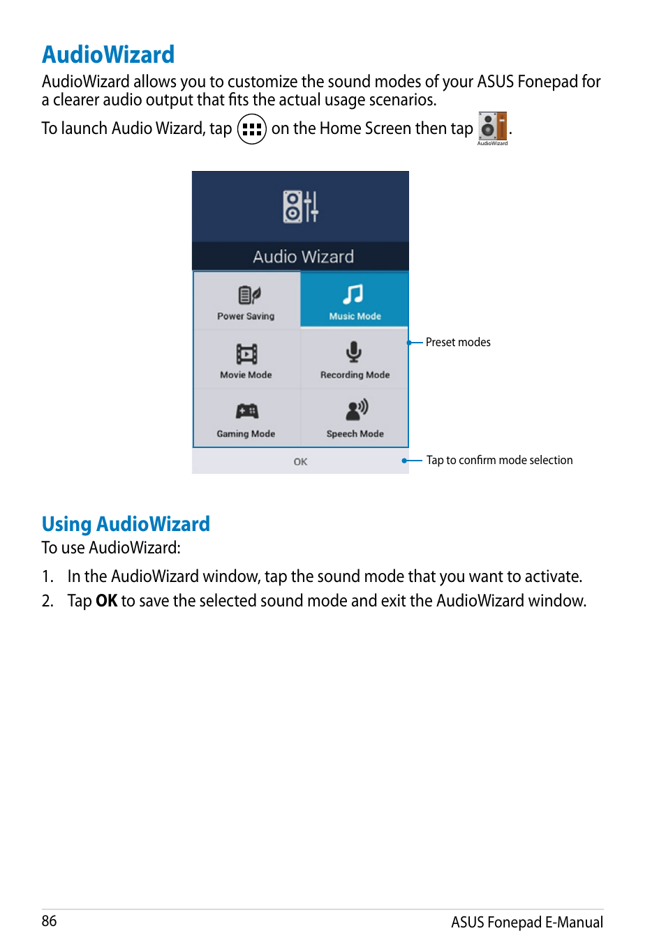 Audiowizard, Using audiowizard | Asus Fonepad Note 6 User Manual | Page 86 / 102