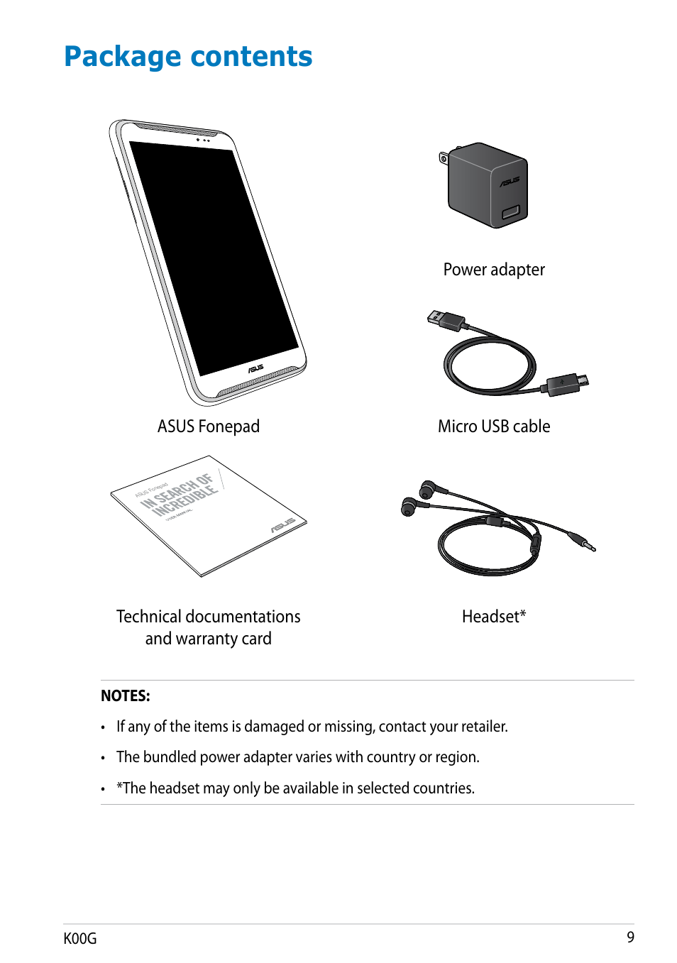 Package contents | Asus Fonepad Note 6 User Manual | Page 9 / 102