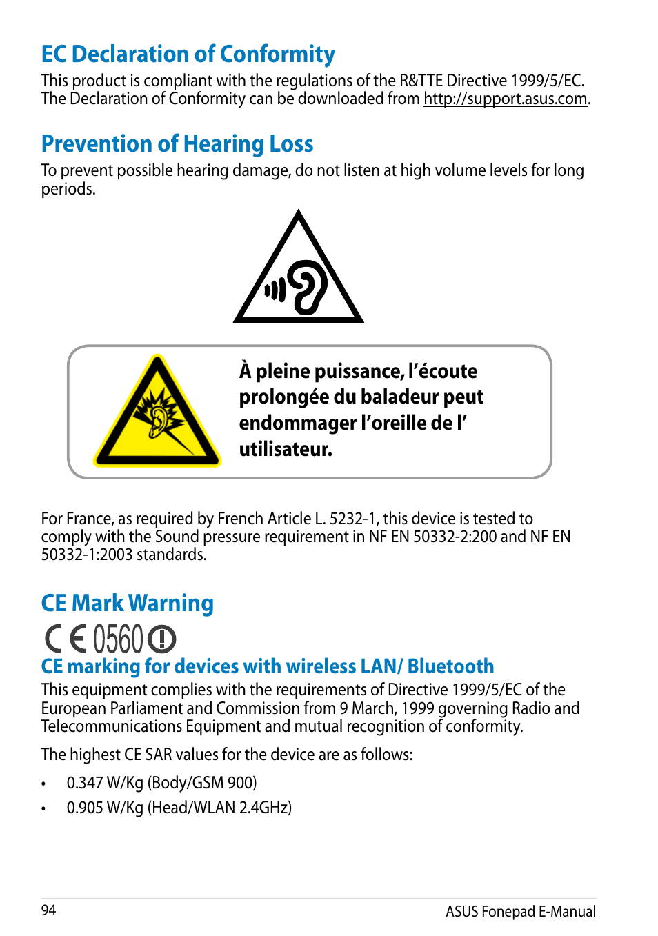 Ec declaration of conformity, Prevention of hearing loss, Ce mark warning | Asus Fonepad Note 6 User Manual | Page 94 / 102