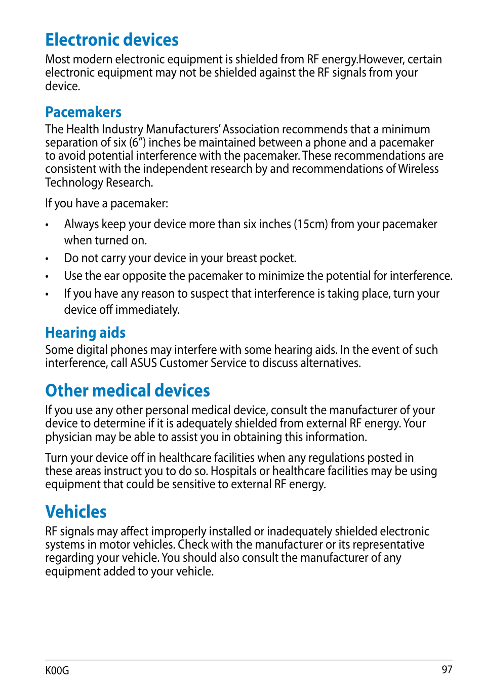 Electronic devices, Other medical devices, Vehicles | Electronic devices other medical devices vehicles, Pacemakers, Hearing aids | Asus Fonepad Note 6 User Manual | Page 97 / 102