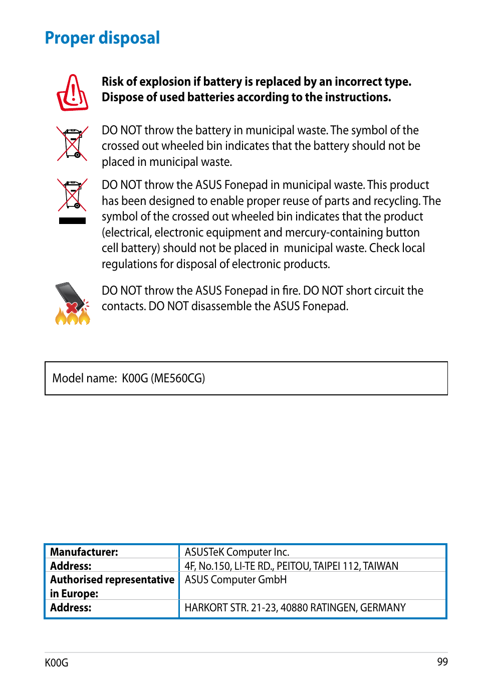 Proper disposal | Asus Fonepad Note 6 User Manual | Page 99 / 102