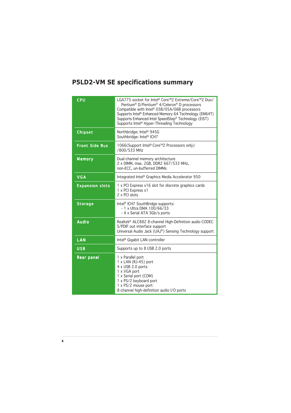 P5ld2-vm se specifications summary | Asus P5LD2-VM SE User Manual | Page 10 / 90